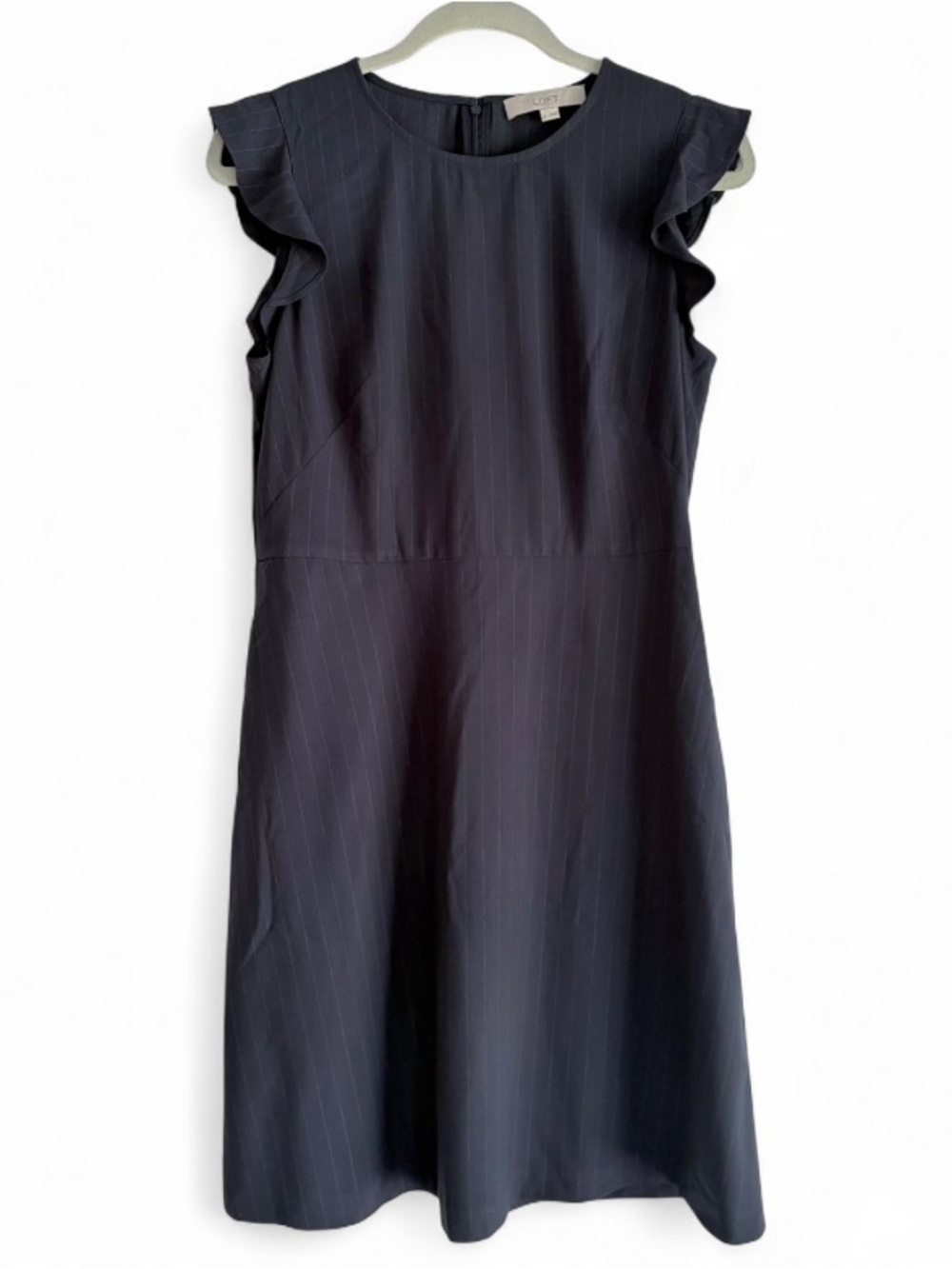 Loft Navy Blue Pinstripe Sleeveless Ruffle A Line Midi Dress Size 6